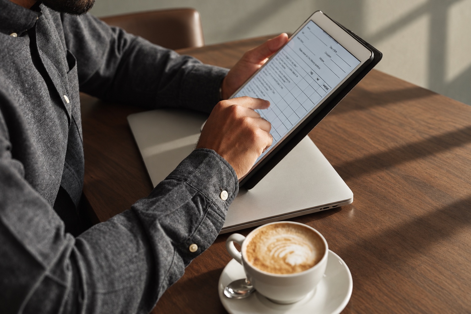 A hand filling in a form on a tablet at a wooden table, a cappuccino beside it